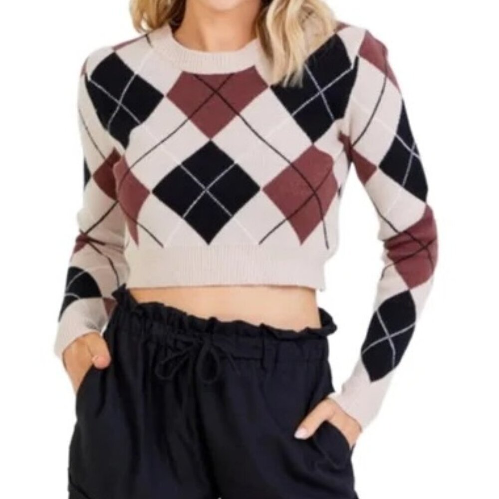 ALTAR’D STATE Brown Diamond-Patterned Cropped Sweater; Size Small.